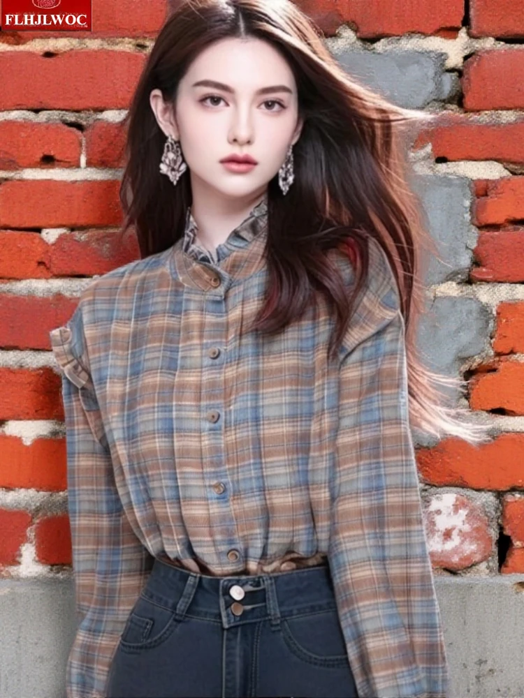 

French Design Plaid Shirts New Fashion Woman Autumn Spring Basics Wear Stand Collar Casual Loose Retro Vintage Tops Blouses