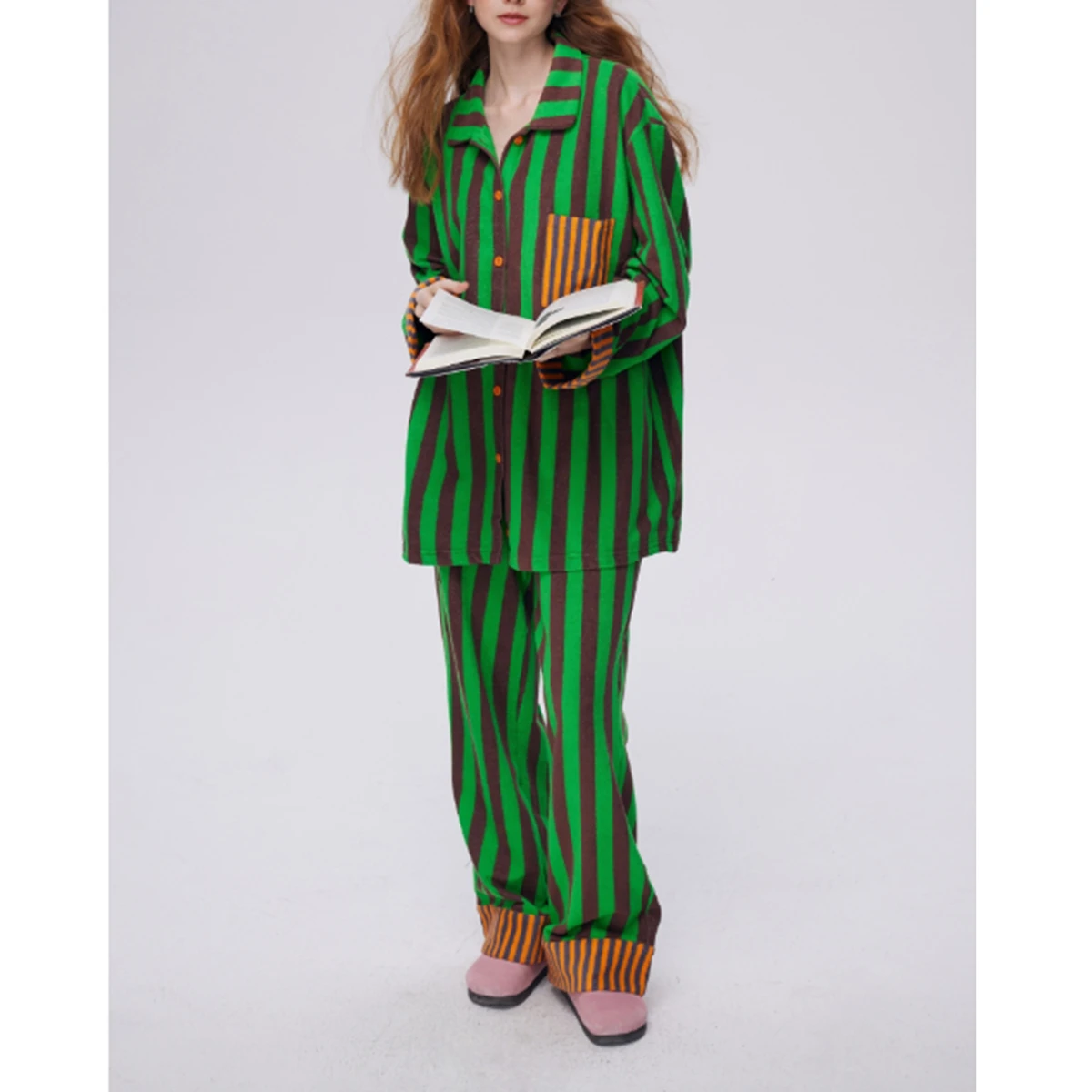 Christmas Women\'s 2 Piece Outfits Loungewear Set Striped Lapel Colorblock Long Sleeves+Loose Long Elastic Waist Pants