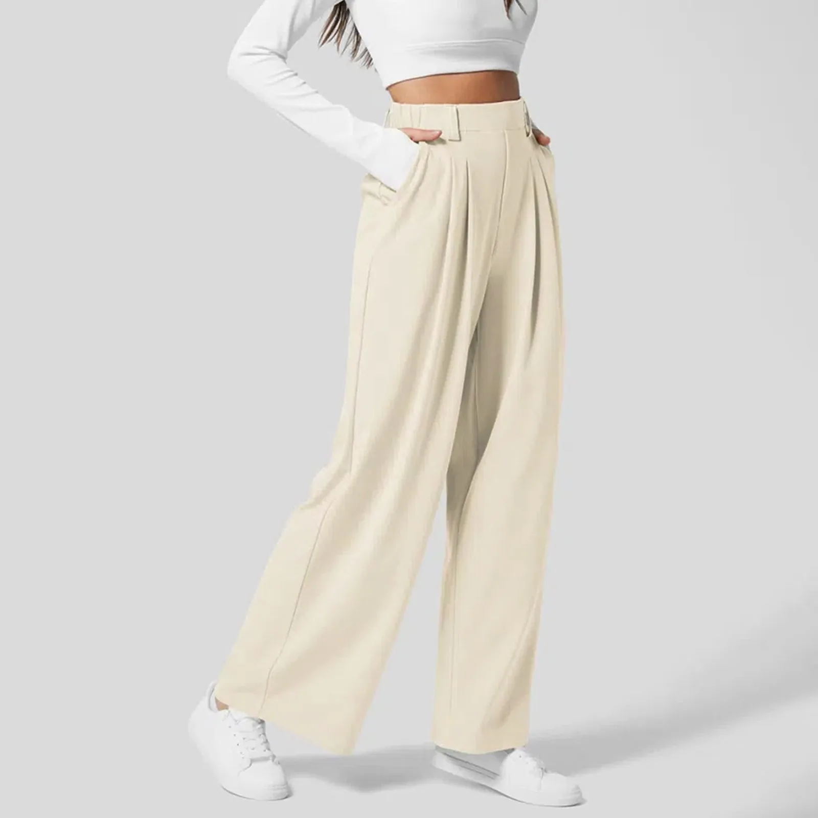 Solid Wide Leg Pants For Woman Work Business High Waisted Pants Office Elastic Trousers Casual Streetwear Womens' Slacks