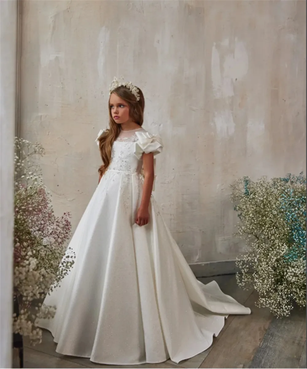 

Satin Flower Girl Dress Elegant Applique Lace for Wedding Bow Puffy Princess Evening Party Birthday First Communion Ball Gown