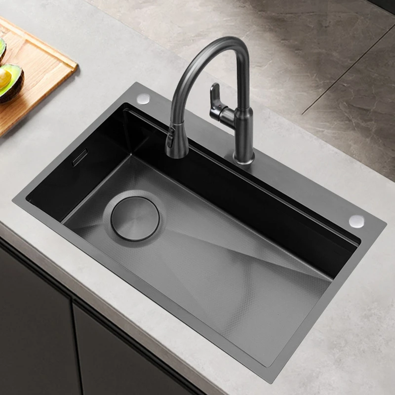 Handmade Nano Black Gun Gray Kitchen Sink Single Bowl Thickened 304 Stainless Steel with Embossed Drainage