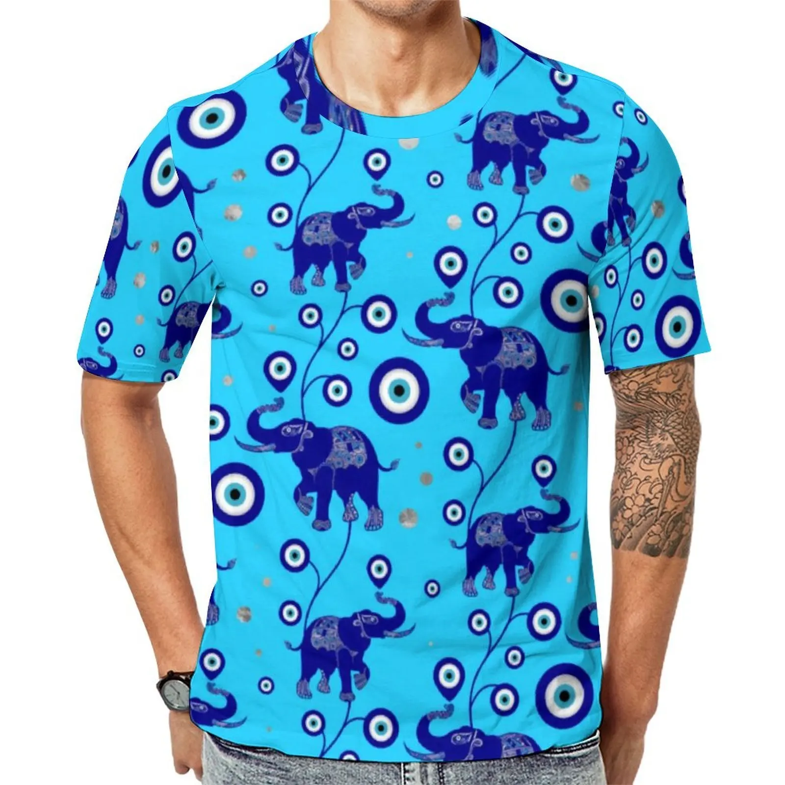 Elephant Evil Eye T-Shirt For Mens Blue Amulet O Neck T-Shirts Summer Fashion Clothes Short Sleeve Awesome Big Size Tee Shirt
