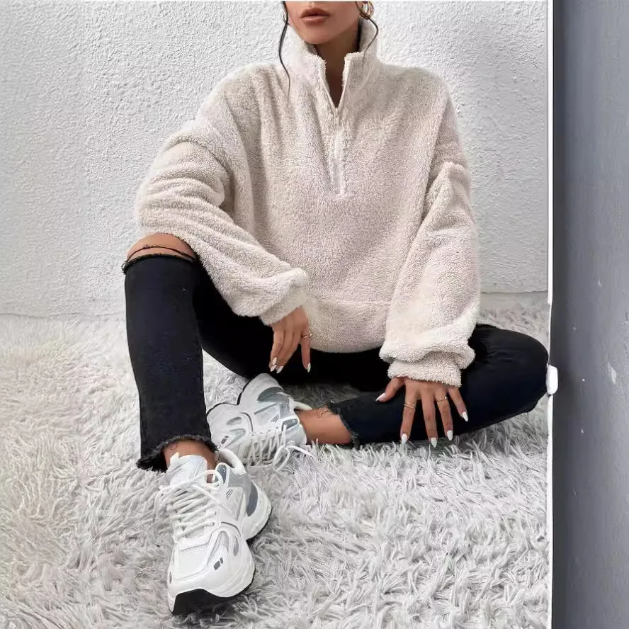 

Women Solid Lamb Wool Long Sleeve Zipper Stand Collar Kangaroo Pocket Off-shoulder Hoodies Casual Street Basic Loose Sweatshirt