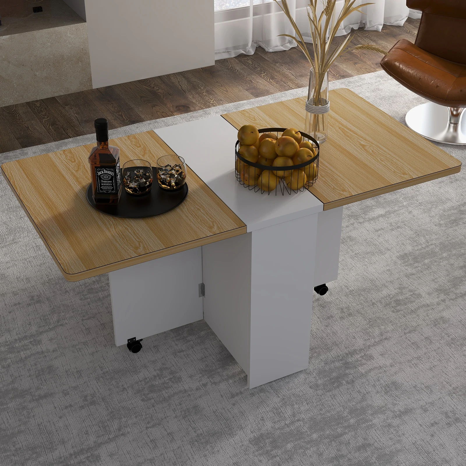 Foldable Dining Table with 6 Lockable Wheels, 2-Tier Storage Shelf, Space Saving Mobile Folding Table, Heavy Duty Construction for Kitchen, Dining Room & Small Spaces