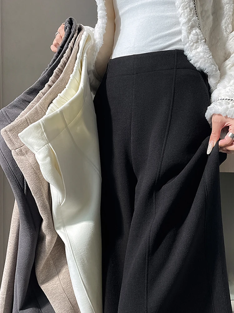 

High Waist Fce Lined Wide Leg Casual Pants Women's Autumn Winter New Sle Warm Long Pants Floor Length Pants