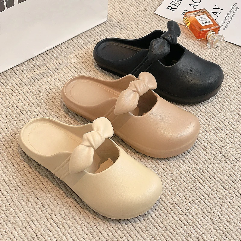 Women\'s casual fashion summer bow cute round-headed sandals slip-resistant wear solid color thick-soled home slippers