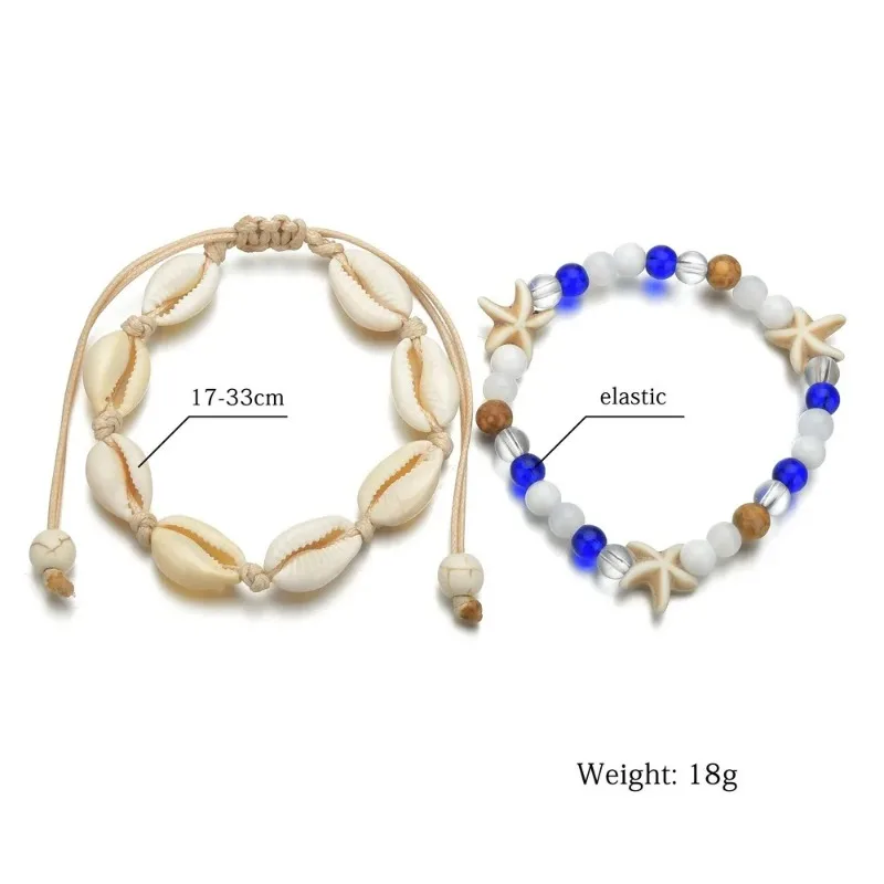 2pcs Set Retro Fashion Hand-woven Starfish Shell Colored Turquoise Beaded Stackable Ankles for Women Birthday Gift Jewelry Sets