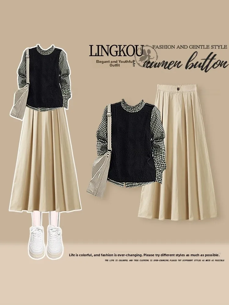 

Комплект из трех предметов: вязаный жилет, полосатая рубашка и облегающая юбка в корейском винтажном стиле для женщин больших размеров, осенний, премиум-класса