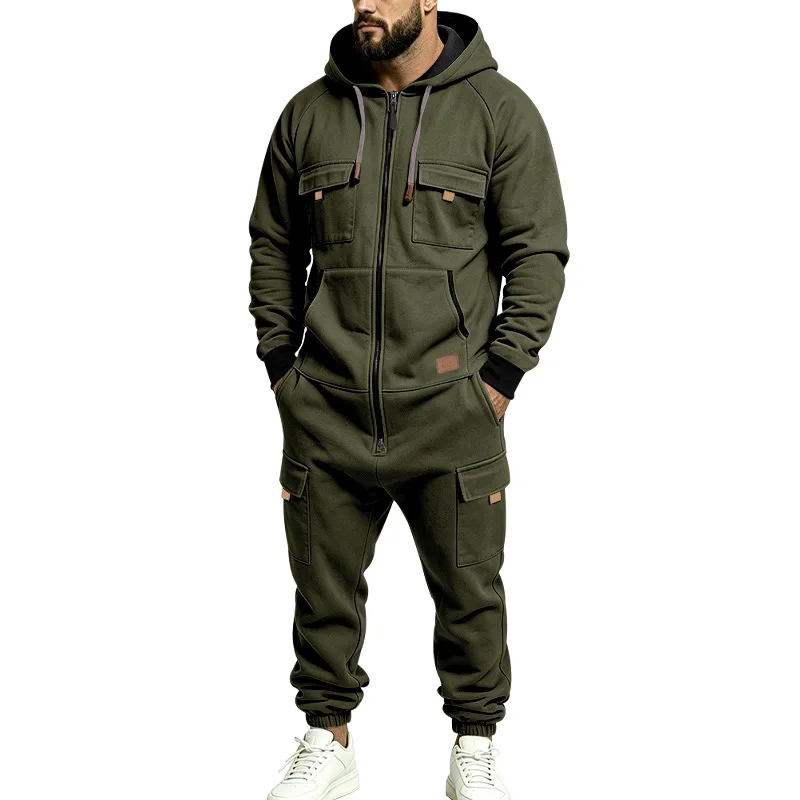2026 Men's Heavyweight Hooded onesie, full zip multi-tooling pocket casual sports onesie