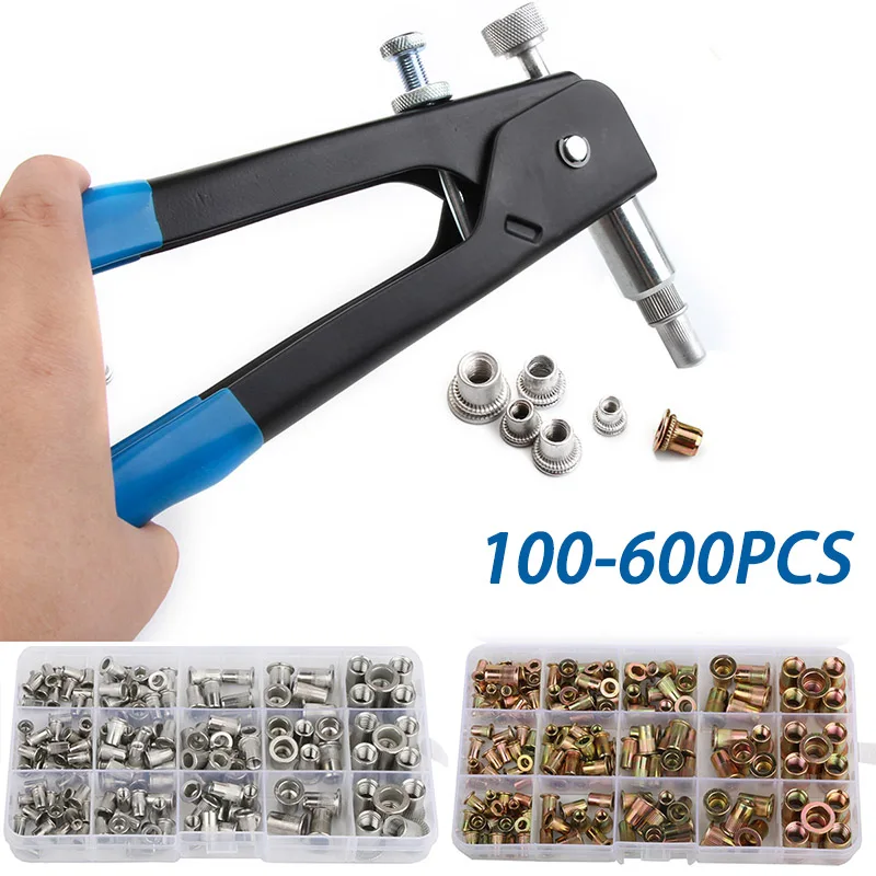 

100~600pcs Threaded Rivet Nuts M3 M4 M5 M6 M8 Nut Aluminum/Steel/Zinc Rivenut Gun Pliers Tuercas Remachables Kit Manual Tools