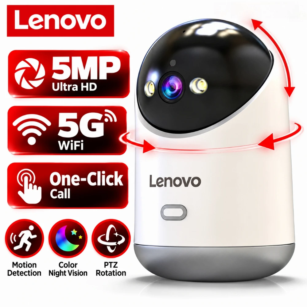 Lenovo 5MP IP-Kamera 5G/2,4G WLAN Heim-Indoor-HD-Wireless-Überwachungskamera mit automatischer Verfolgung, 2-Wege-Gesprächsfunktion und Sicherheits-Babyüberwachung