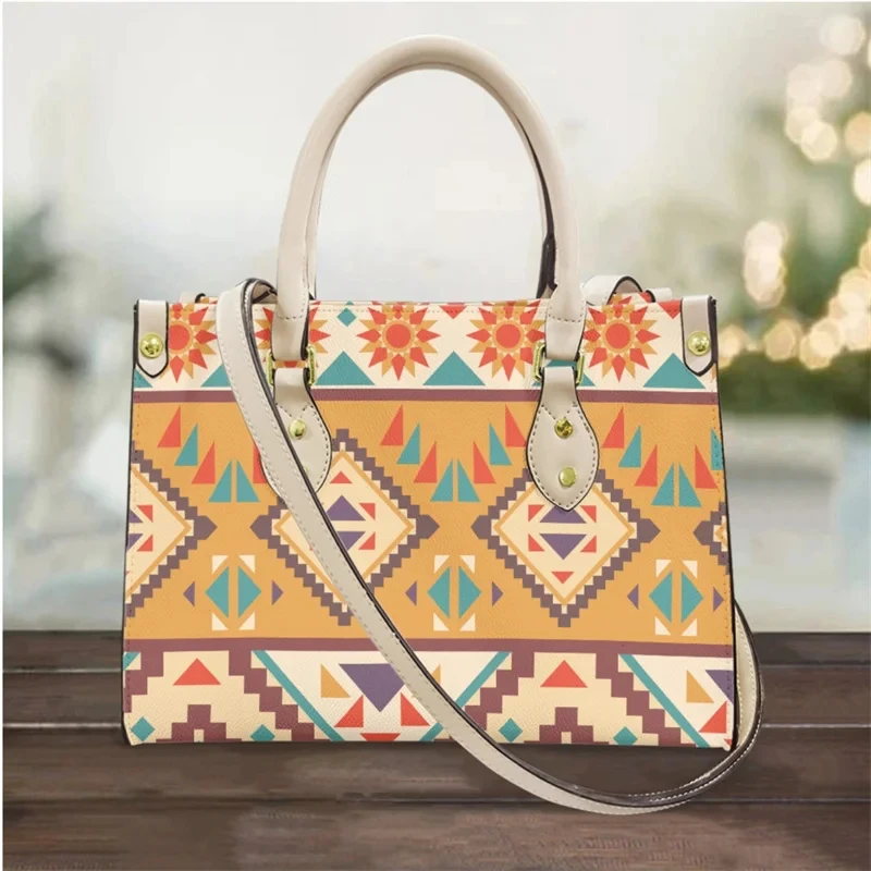 Teal Southwestern Navajo Design Pattern Women's Handbags Luxury PU Leather Girls Tote Shoulder Bags Woman Casual Fashion Bolsa