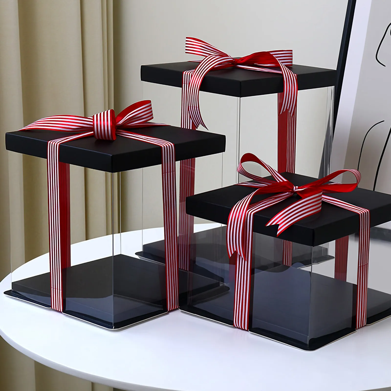 1Set Transparent Cake Carrier Eco-Friendly Sturdy Plastic Compound Paper Material with Ribbon Handle for Travel Picnic Birthday