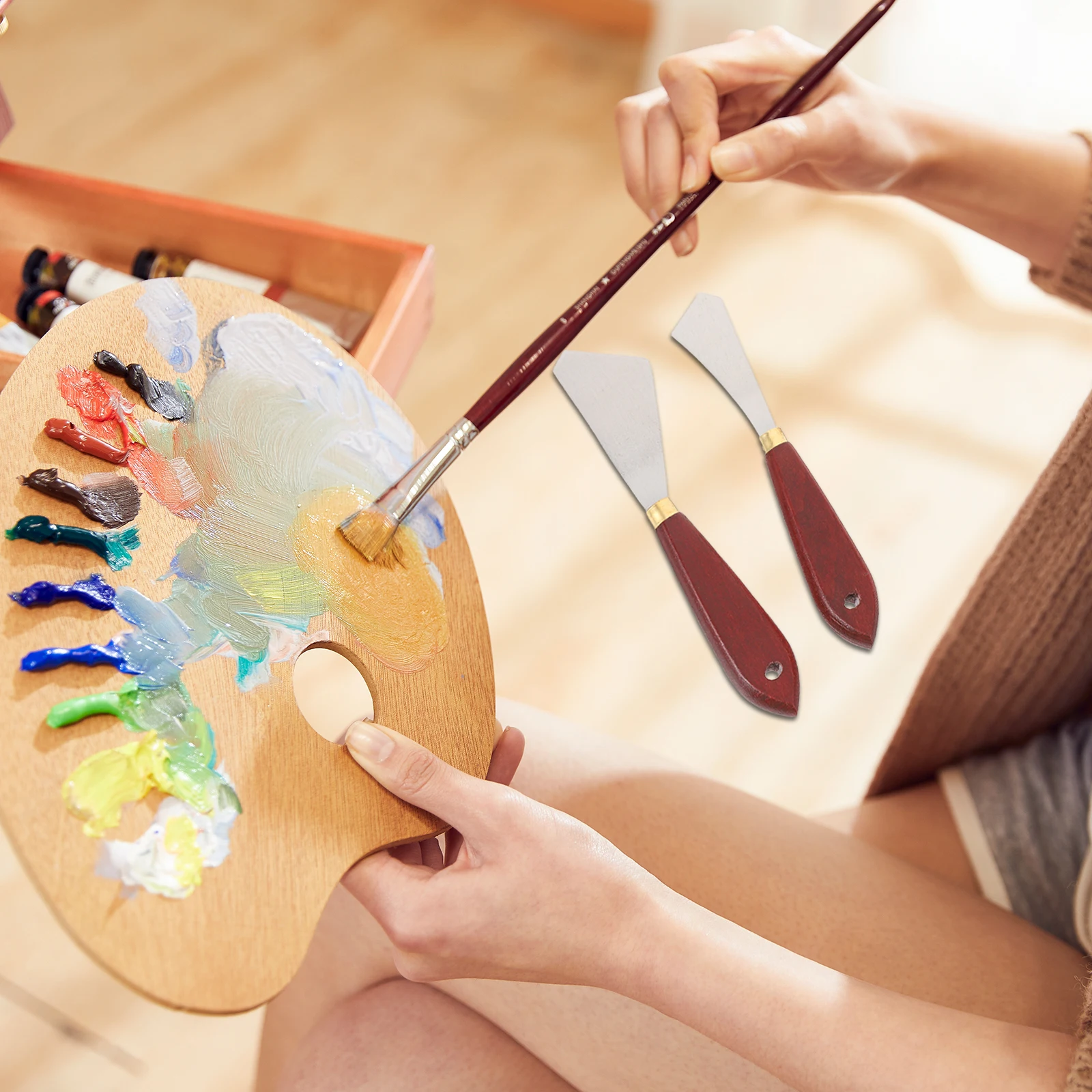 

4Pcs Oil Painting Knife Set Stainless Steel Paint Spatulas Wood Handle Ergonomic Grip for Pigment Mixing Artist Drawing Tools