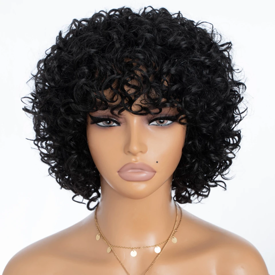 Remy Forte Wig Bob keriting pendek, rambut manusia mesin penuh dibuat Wig hitam alami tanpa lem rambut manusia Pixie potongan pendek Wig Bob