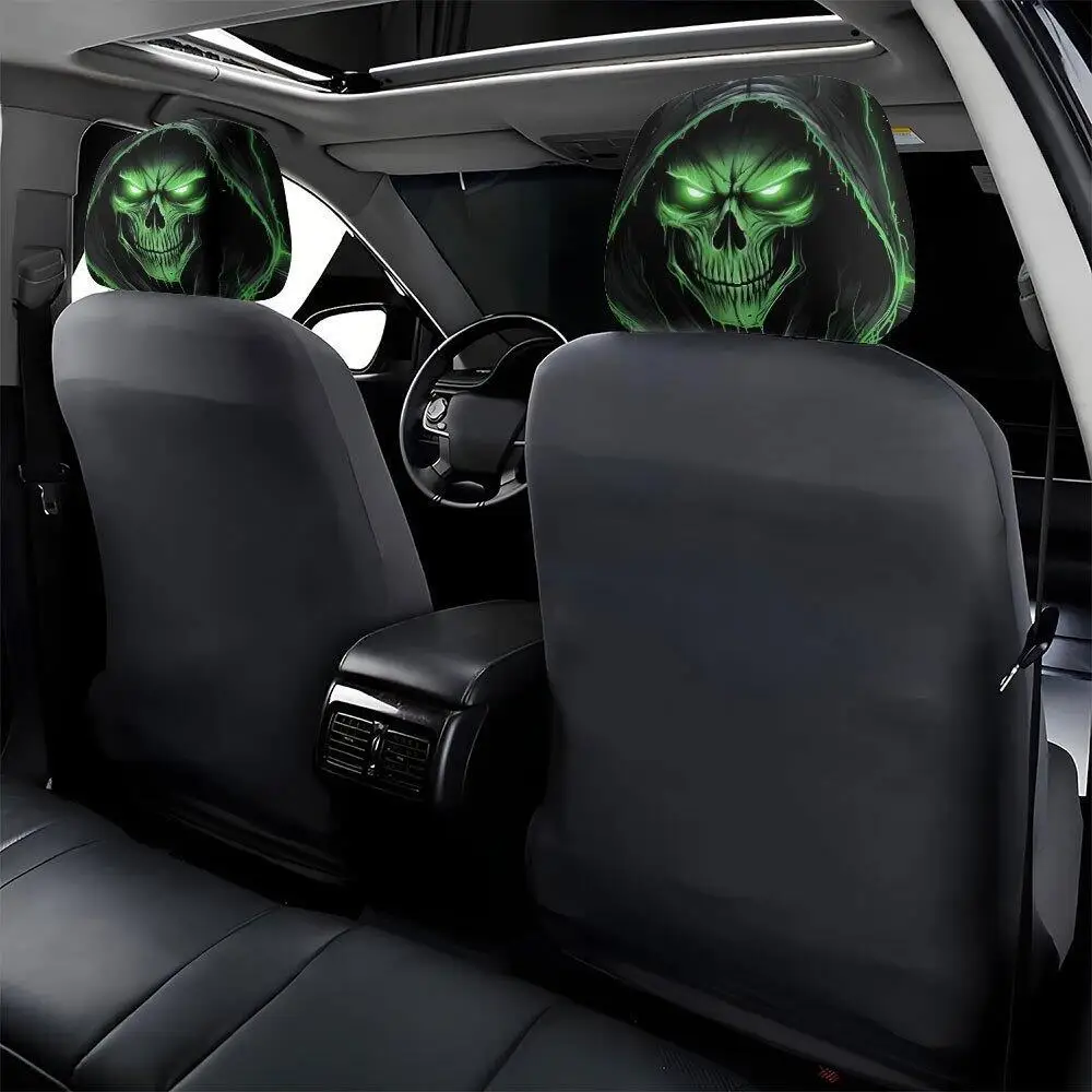 2 Pcs Hooded Grim Reaper Headrest Covers, Green Glowing Skull Design, 2D Printed Elastic Universal Car Headrest Protector