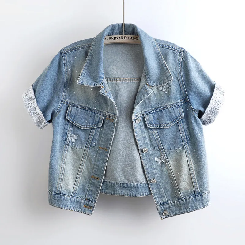 Fashion Rhinestones Butterfly Light Blue Short Denim Jacket Lapel Single-Breasted Lace Patchwork Short Sleeve Jeans Jacket Coat