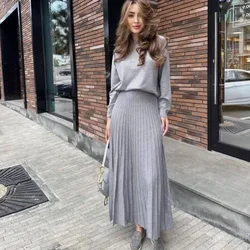 Women's Sweater Set Solid Color Temperament Commuter O-neck Long Sleeves Pleated Skirt Offie Ladies Elegant Knited Suit Skirts