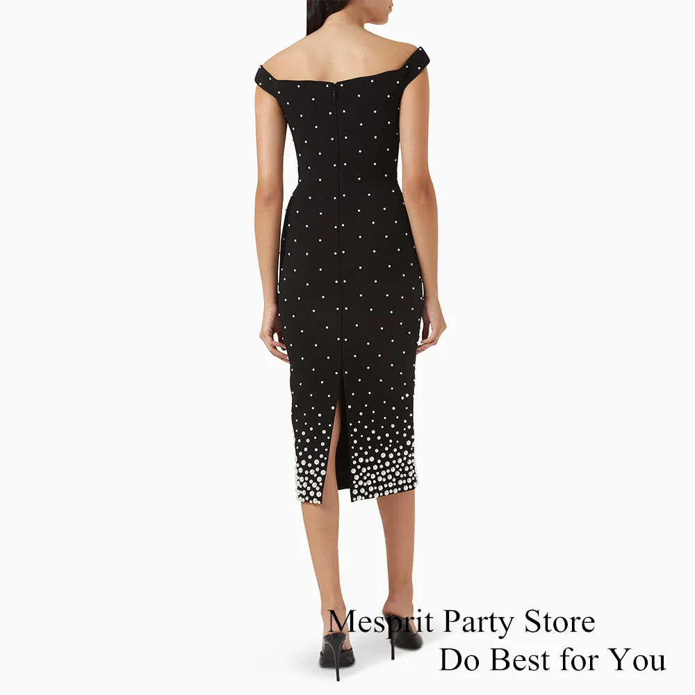 Sexy Black Cocktail Dress Off The Shoulder V Neck Heavy Pearls Tea Length Sheath Party Gown Custom Size Short Evening Dresses