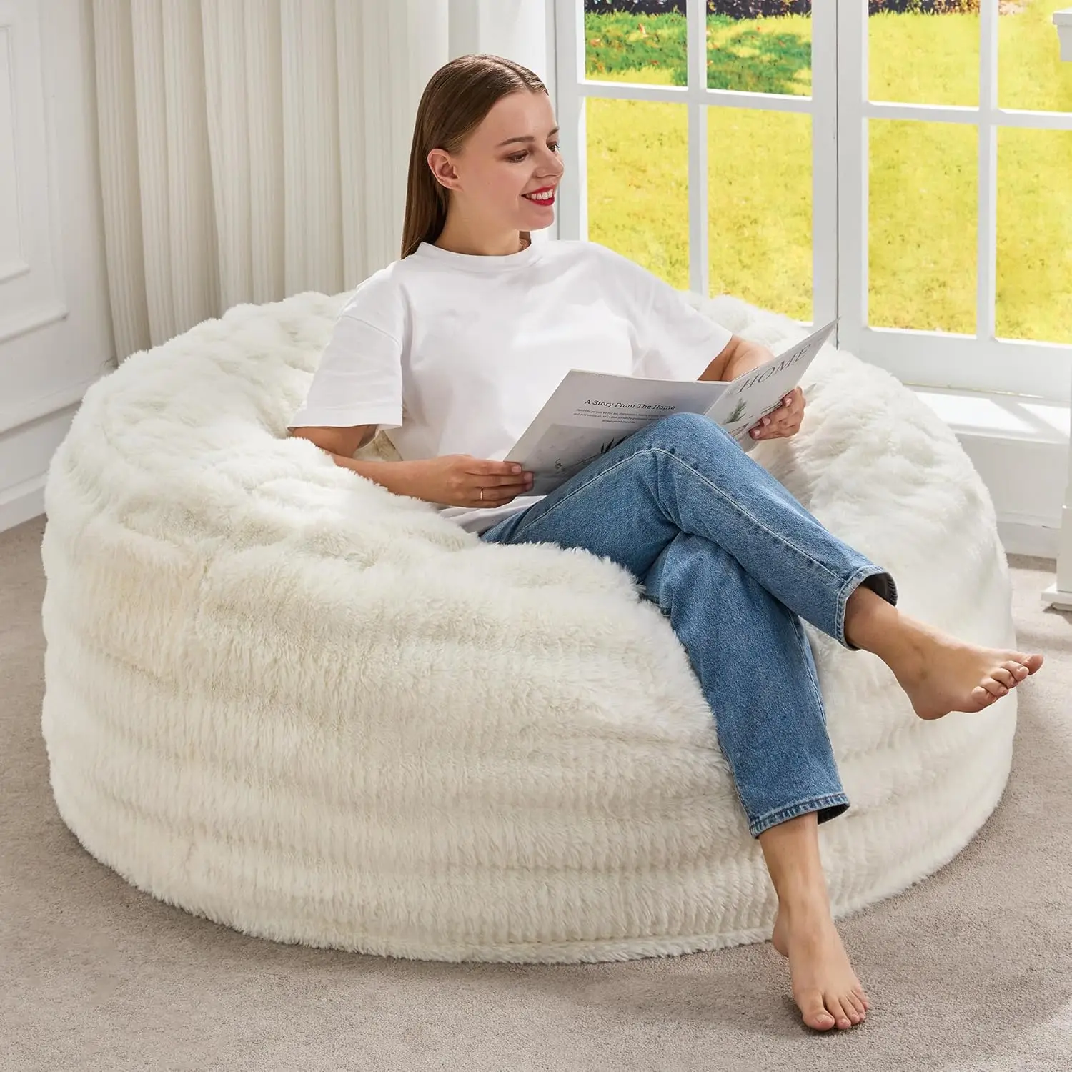 

Giant Memory Foam Bean Bag Chair with Fluffy Cover, White 3FT for Adults - Comfortable & Easy Clean