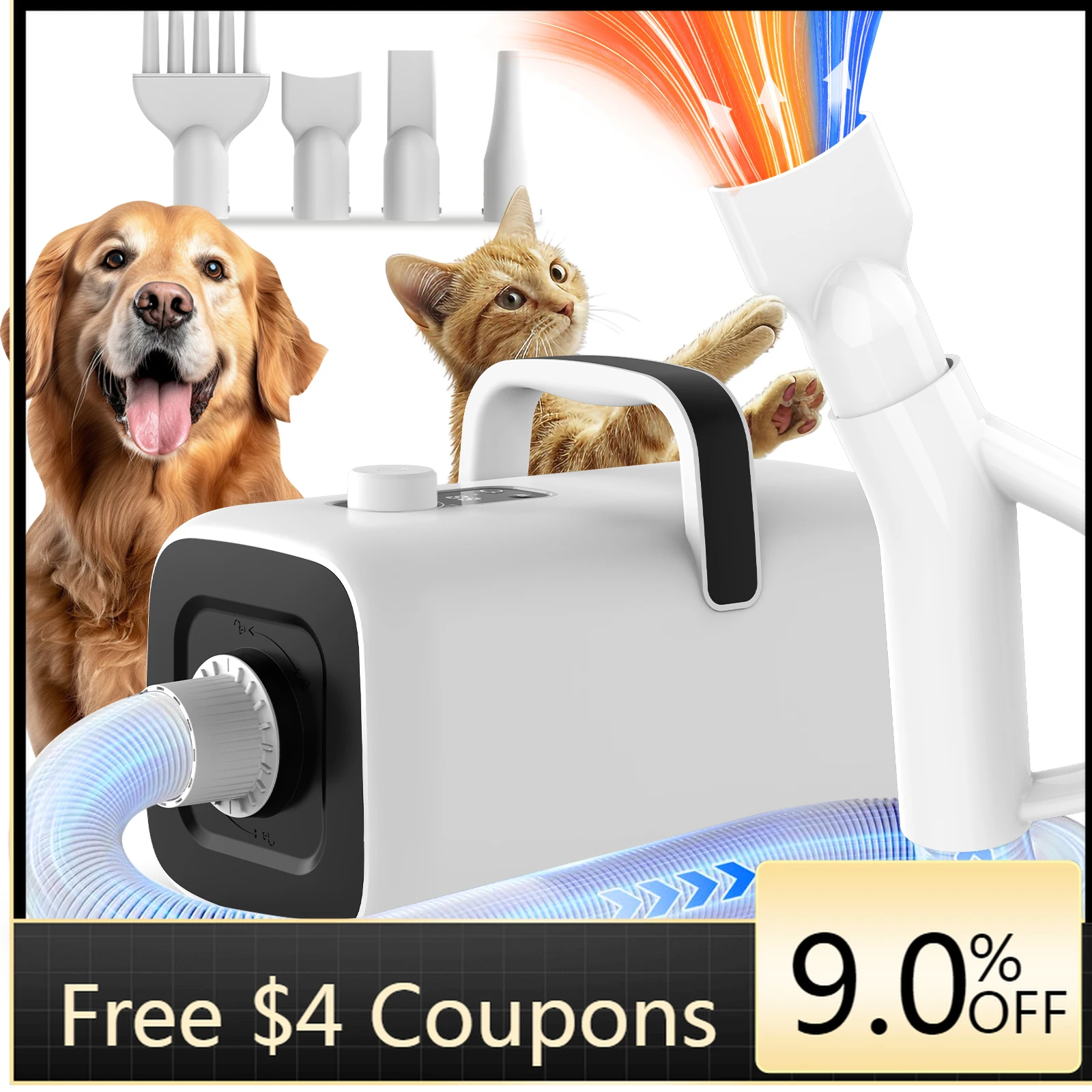 

GlowMart 4 In1 Pet Blow Dryer Hot Warm Temperature Control Pet Blower Dryer Cats Grooming Tools with 4 Different Nozzles Dog