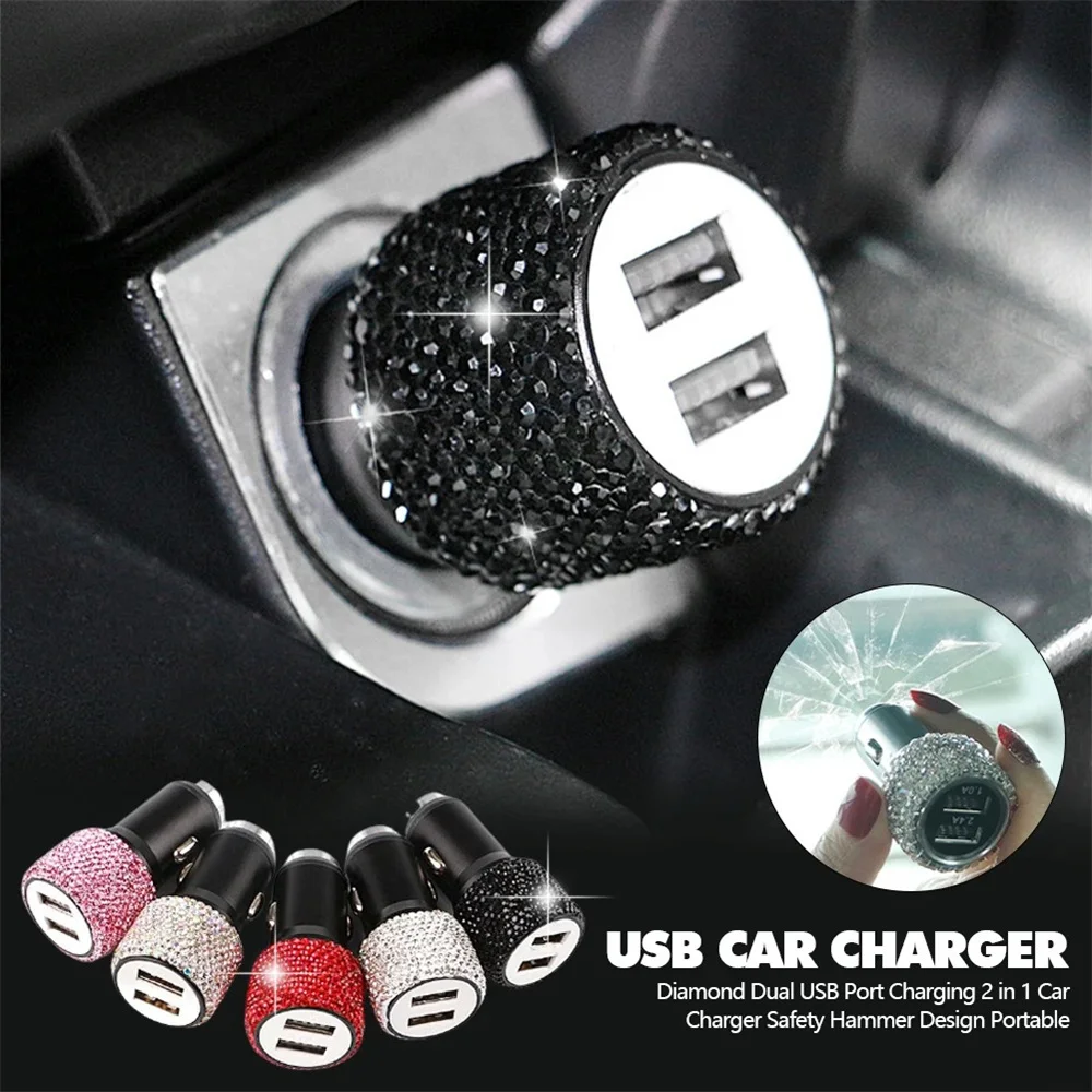 Car Charger 5V 2.1A Diamond Dual USB Fast-Charged Adapter Car Styling Bling Car Phone Aluminum Alloy Charger Safety Hammer