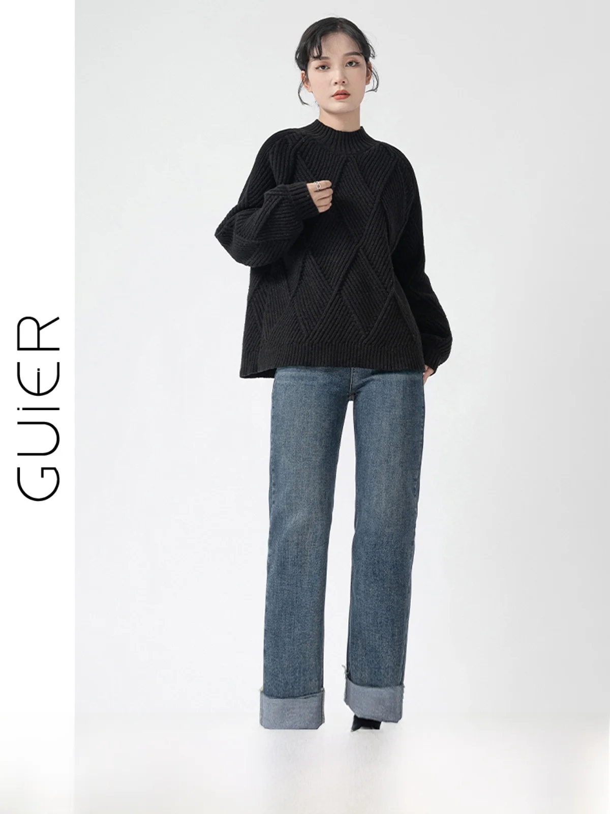 

Джинсы Guier в стиле ретро с рваными элементами, женские, с высокой талией, прямые, стройнящие, весна 2026, новинка, темный цвет, длинные брюки