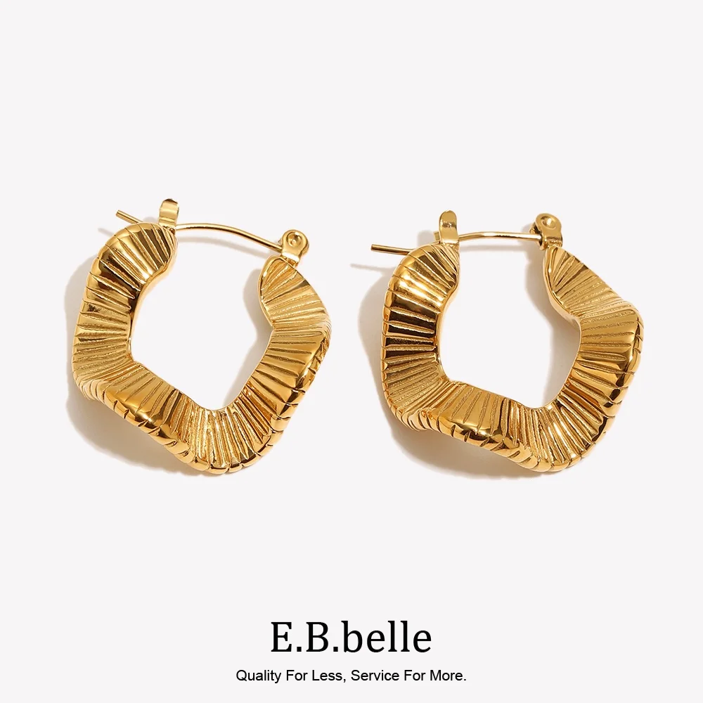 E.B.belle Tarnish Free Trendy Engraved Stripe Texture Irregular Square Jewelry Hoop Earrings For Women Stainless Steel Earring