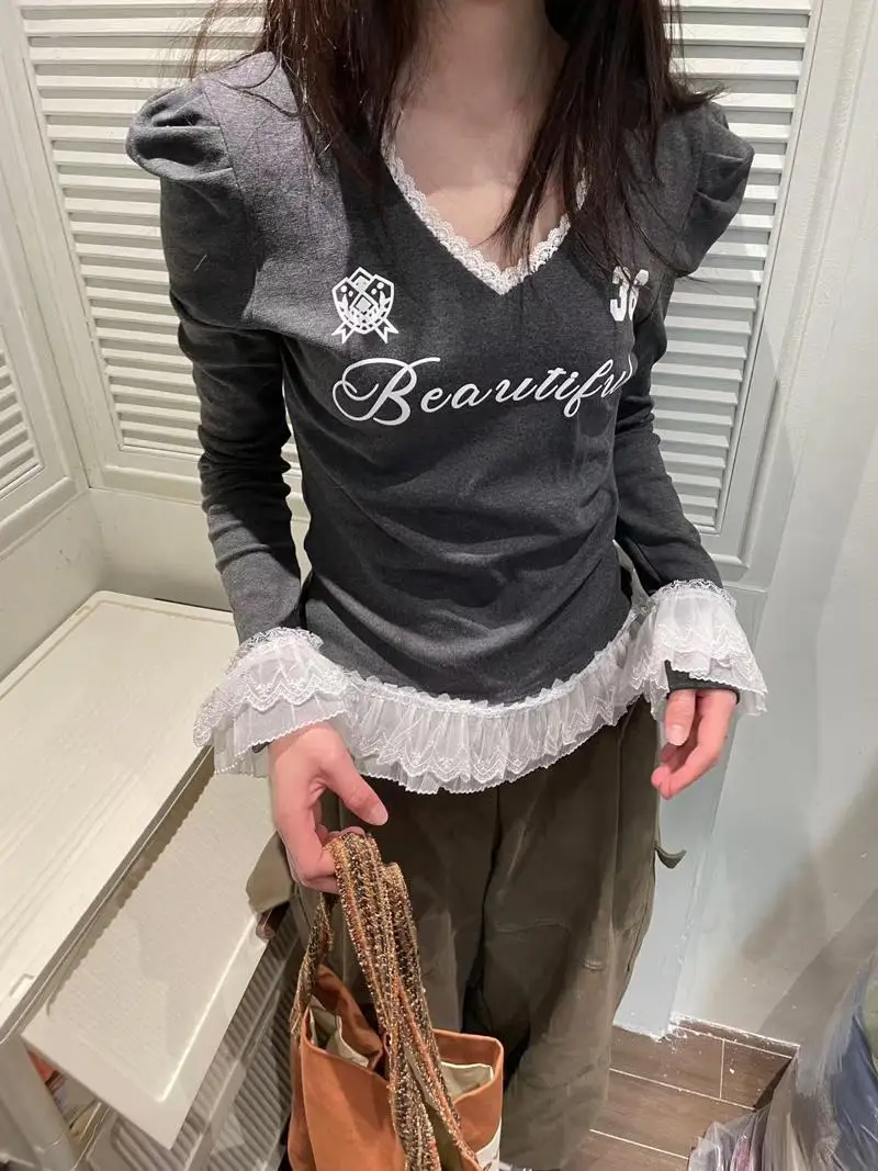 

Neck Lace Letter Pattern Bubble Sleeve T-Shirt Versatile Top