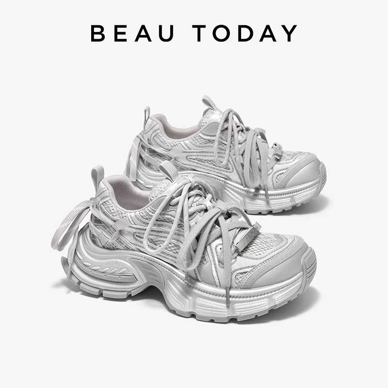 BEAUTODAY Chunky Sneakers Women Microfiber Mesh Round Toe Multiple Shoelaces Trendy Ladies Casual Shoes Handmade 29A84