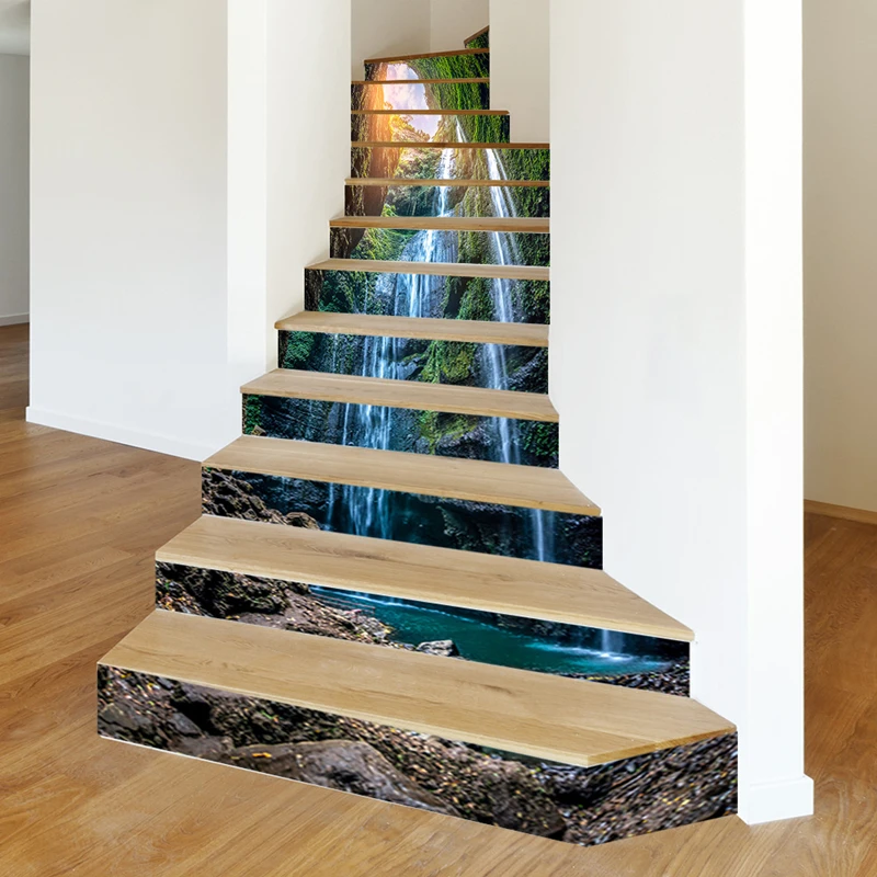 Sunlit Cliff Waterfall Stair Riser Stickers 13 Step Staircase Styling 100*18cm Removable Vinyl Decals for DIY Home Decoration