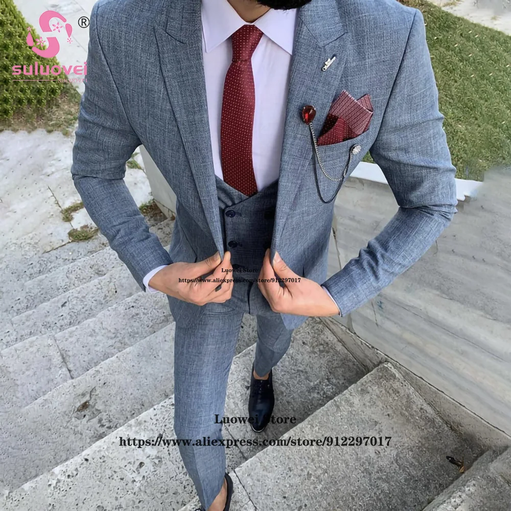 

Fashion Suits For Men Slim Fit 3 Piece Jacket Vest Pants Set Costume Homme Mariage Formal Prom Groom Wedding Peaked Lapel Tuxedo