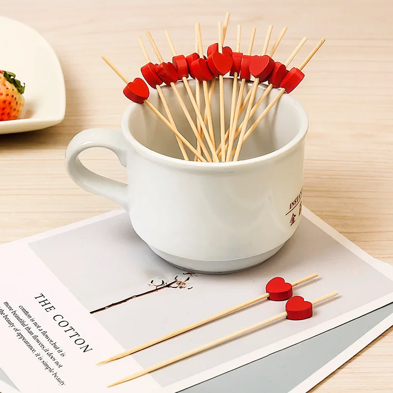 50Pcs/set Red Heart Fruit Sticks Disposable Bamboo Sticks Wedding Party Supplies Bridal Shower Girls Birthday Party Decor