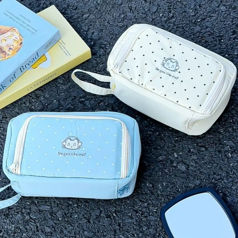 

Тканевая косметичка с принтом в горошек и кошачьим рисунком, с ремешком, для канцелярских принадлежностей, эстетичный мультяшный пенал для офиса/дома