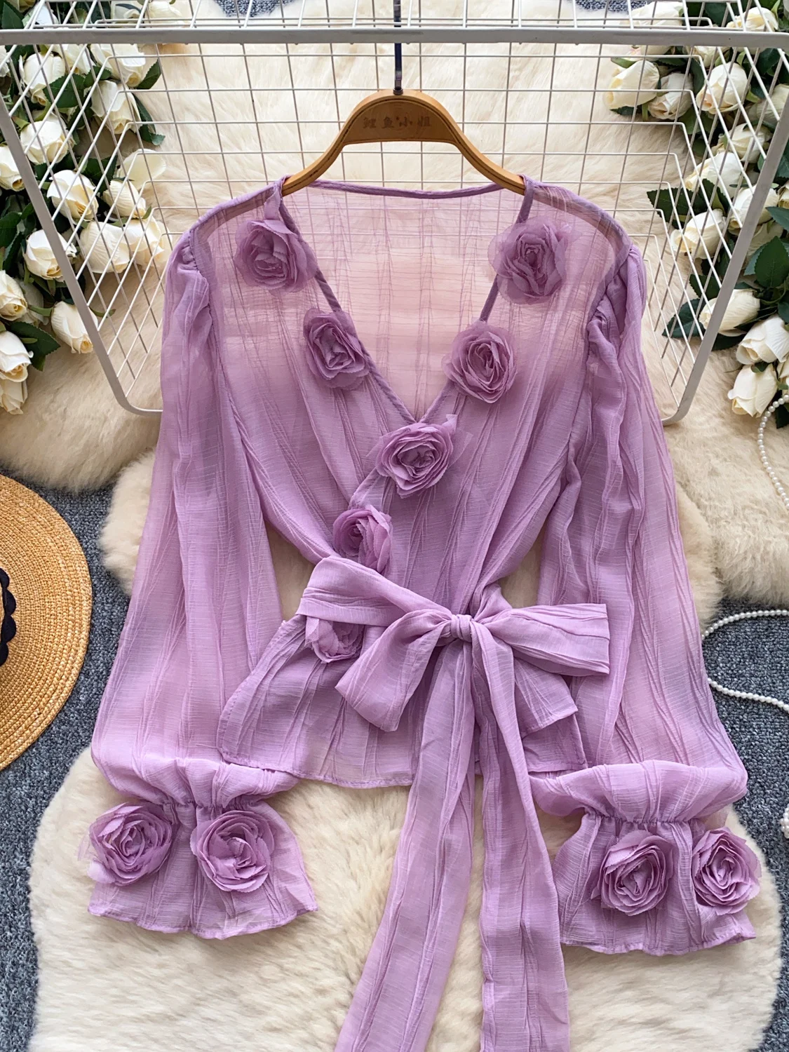 

3D Floral Shirts Blouses Top Women 2025 Spring Chiffon Blouse Camisas long sleeve Ropa Blusas Para Mujer French Women Clothing