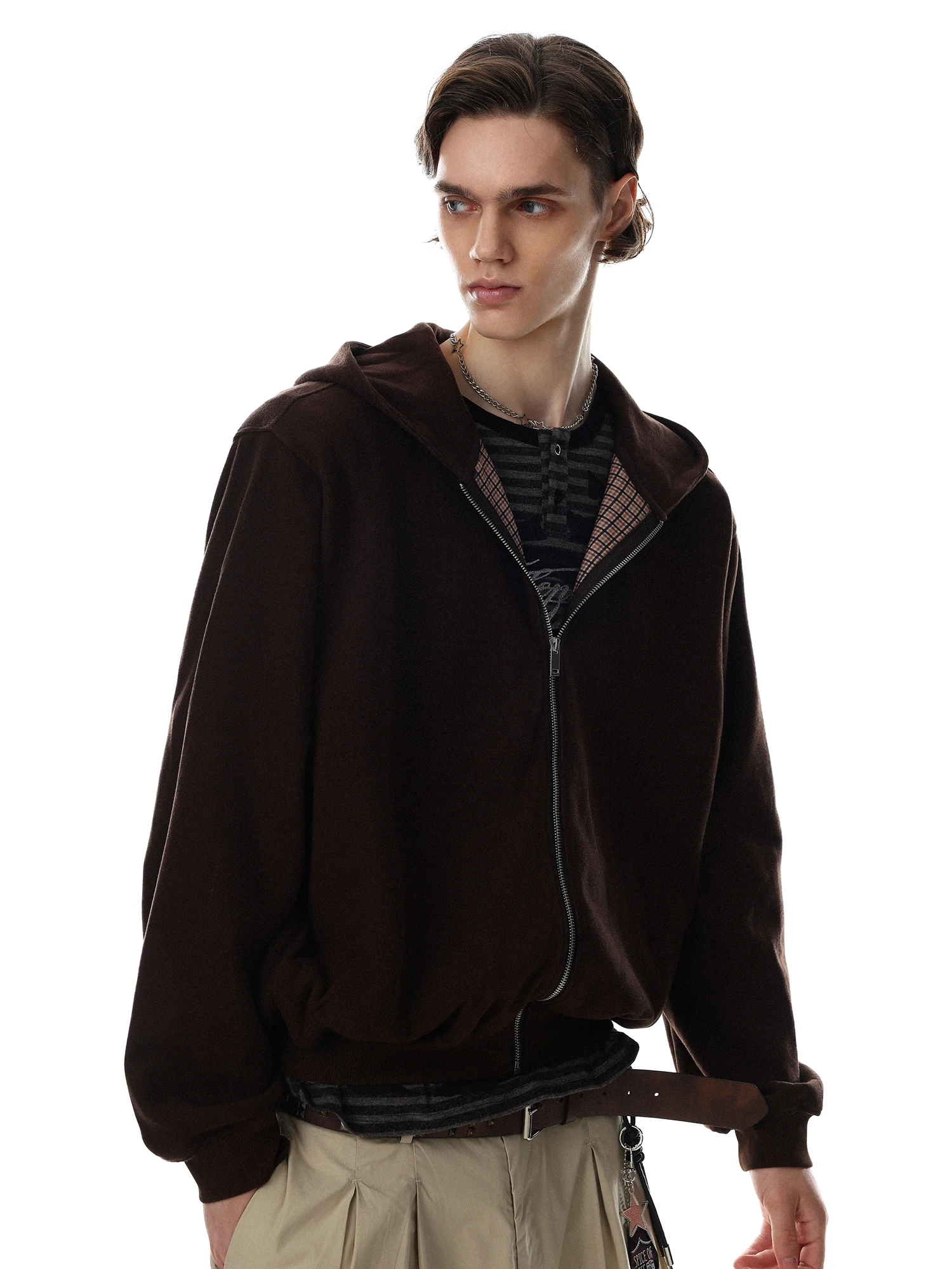 American Retro Hooded Zipper Pure Color Sweatshirt Men's Cardigan Coat with Plaid Design Inner  Loose Fit Long Sleeve