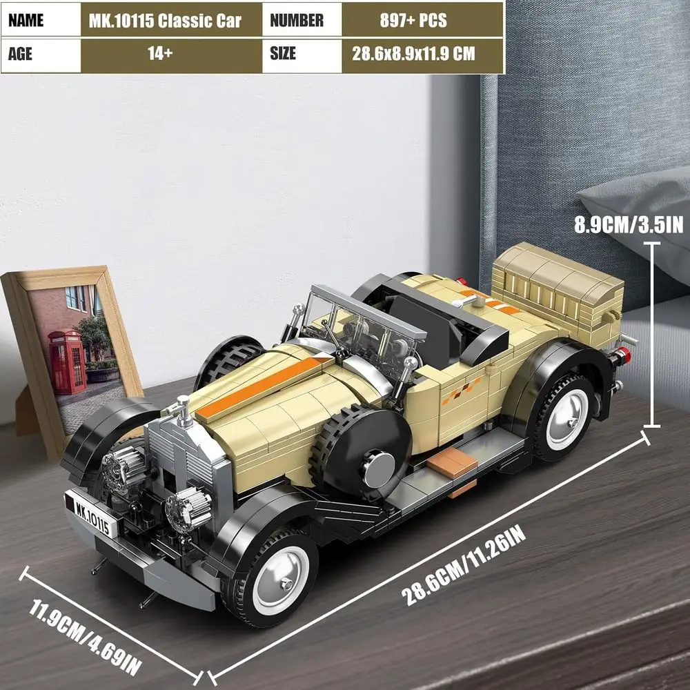 Kit de construção de carros clássicos para adultos: conjunto de modelo MOC vintage com mais de 897 peças, versão estática, adequado para maiores de 14 anos