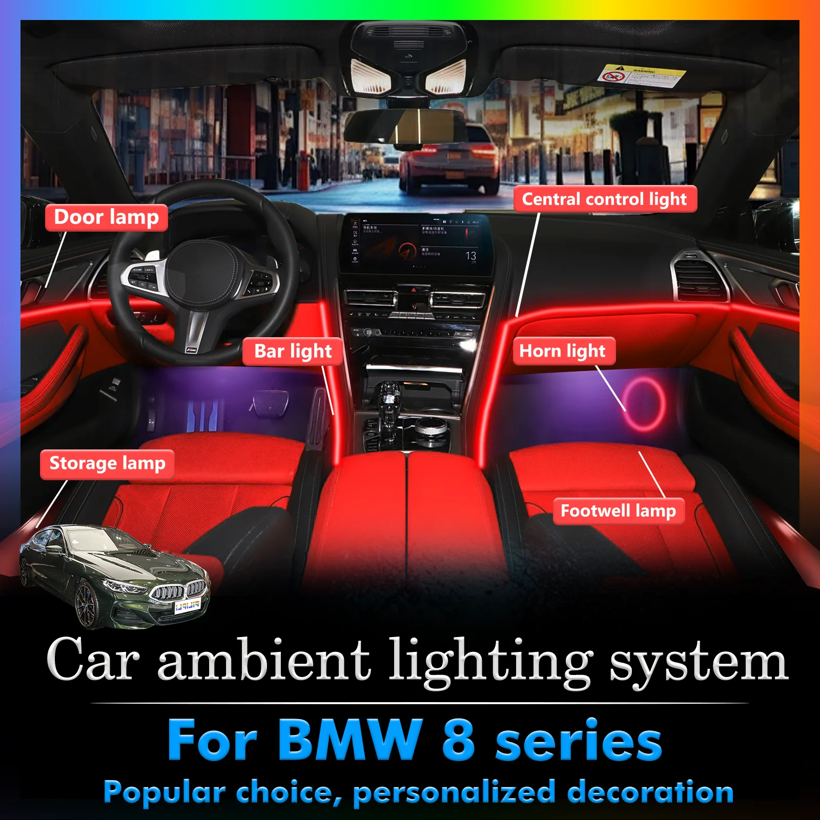 20 In1 For BMW 8ser G14 G15 G16 Car Interior Ambient Lamps 64 Colorful Atmosphere Lights Auto LED Neon Strip App Control FILIPLI