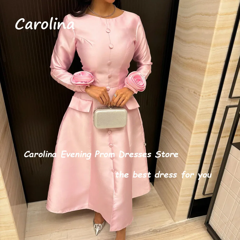 Carolina Simple Pink O-Neck A-LINE Prom dress 2024 Slim Long Sleeve With 3D Flowers Satin Ankle-Length Formal Evening Dress