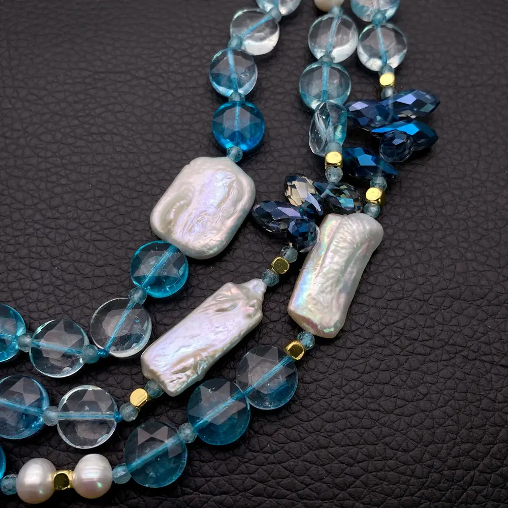 

Y·YING Blue Crystal Cultured White Biwa Pearl 3 Layers Necklace Bohemia Statement Necklaces