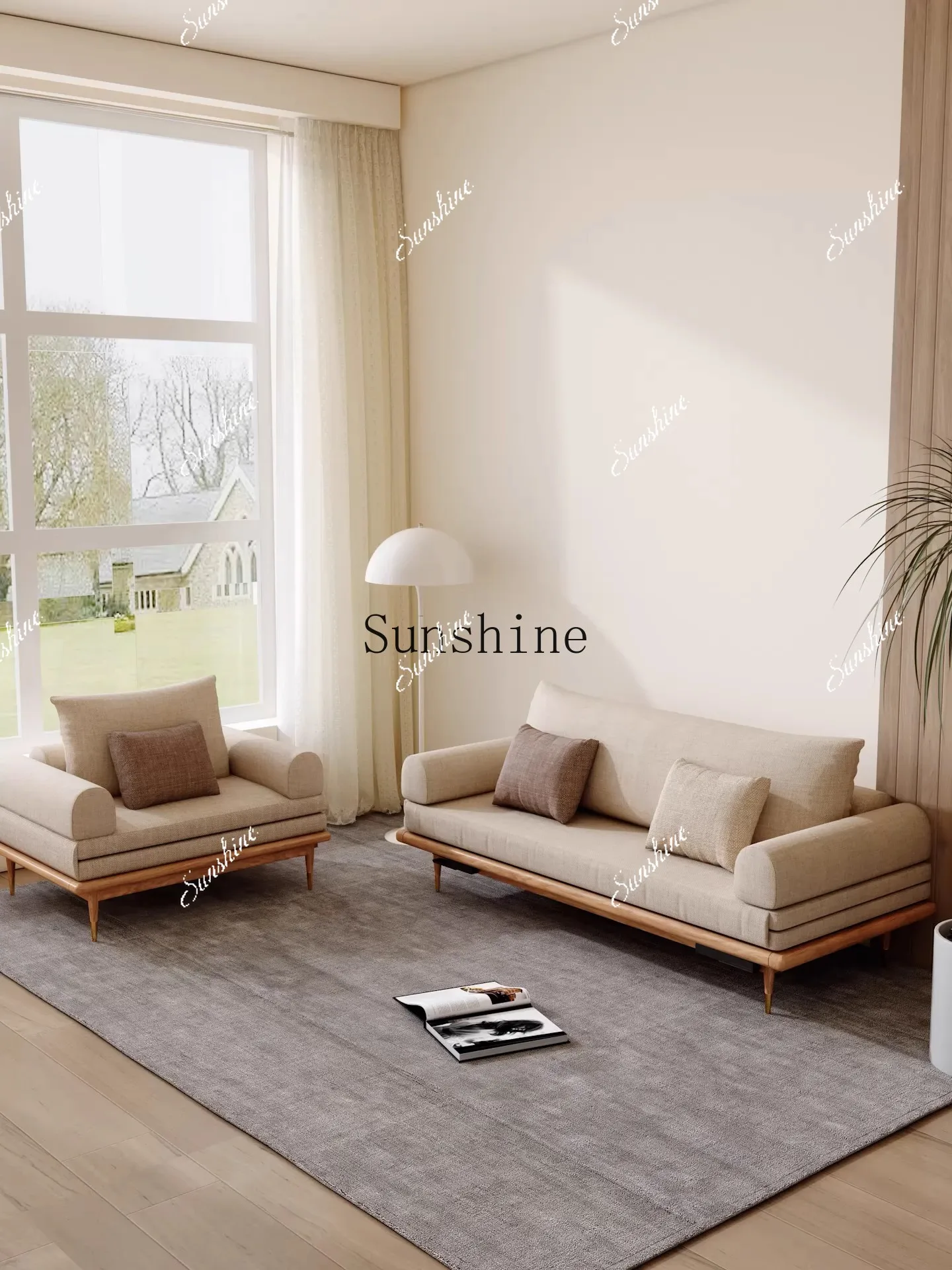 All solid wood sofa bed cream wind folding small apartment single/living room dual-purpose modern simple fabric sofa  FT