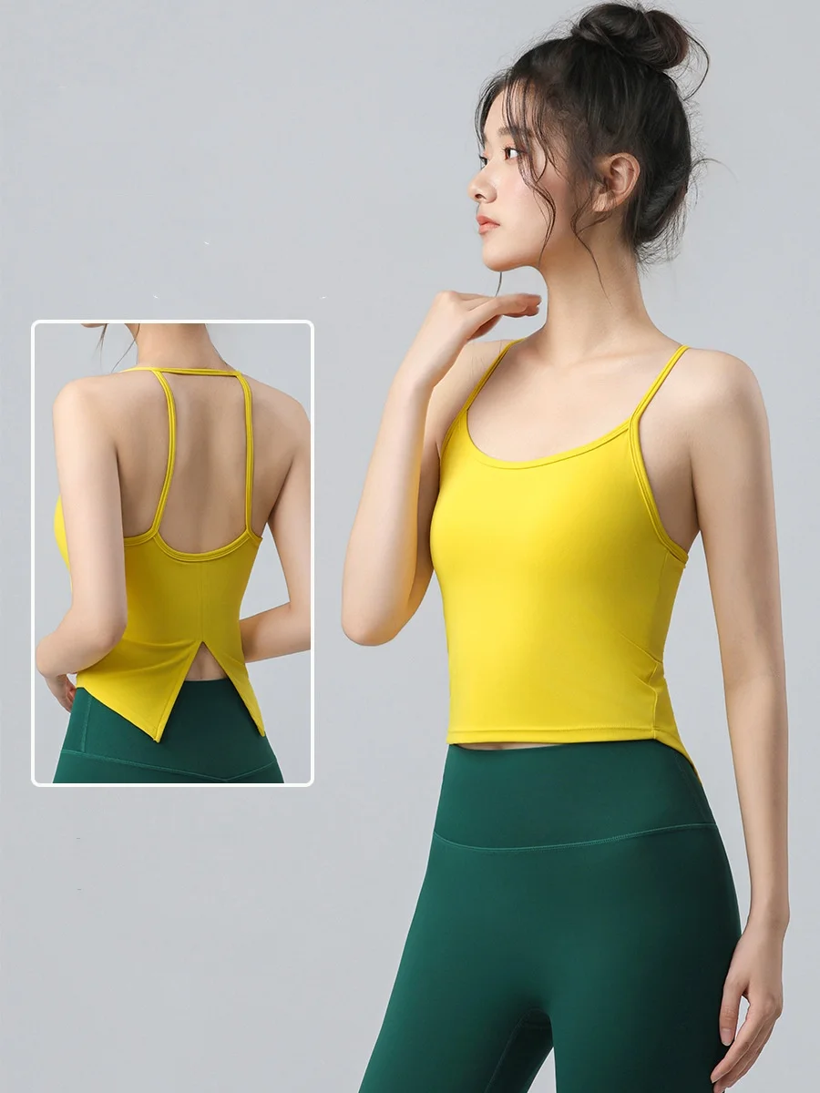 

Summer New Women Yoga One-piece Cup With Chest Pad Back Slit Solid Color Tank Tops Elastic Breathable Pilates Fitness Gym Vest