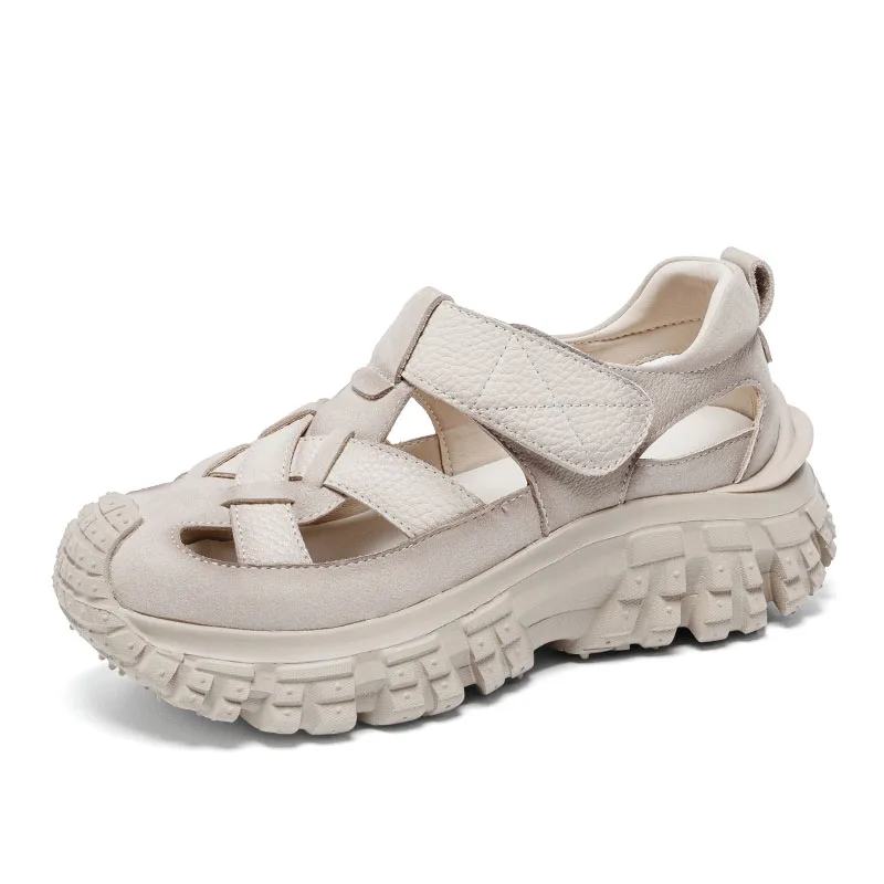 DRKANOL Women Chunky Platform Sandals Summer Breathable Hollow Out Genuine Leather Wedges Heel Sandals Ladies Thick Sole Sandals