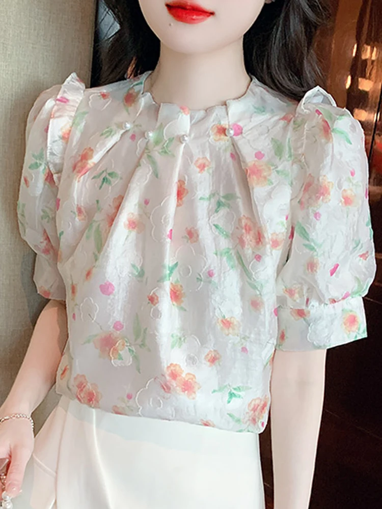 New Summer Women Tops Print Chiffon Blouse Shirt Blusas Mujer De Moda 2024 Verano Elegantes Short Sleeve Blouse Women Tops G518