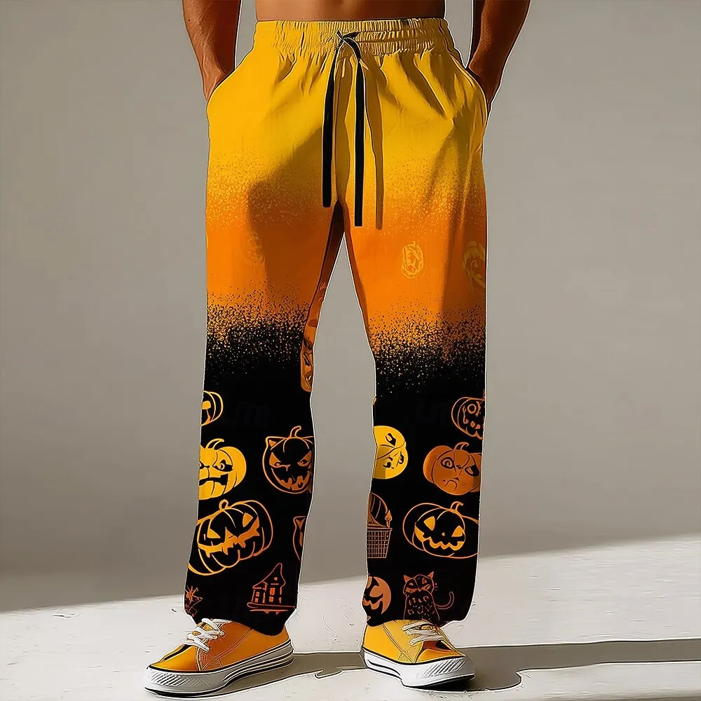 Men's Halloween Pumpkin Trousers Baggy Pants Casual Pants Mid Waist Halloween Theme Elastic Drawstring Waist Pants Spring Fall