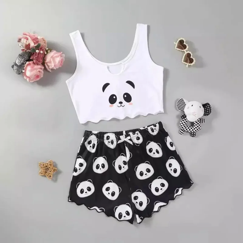 Two Piece Set Pajamas for Women Doll Print Vest Sleepwear Pyjamas Camisole Shorts Sets Summer Loungewear Home Clothes