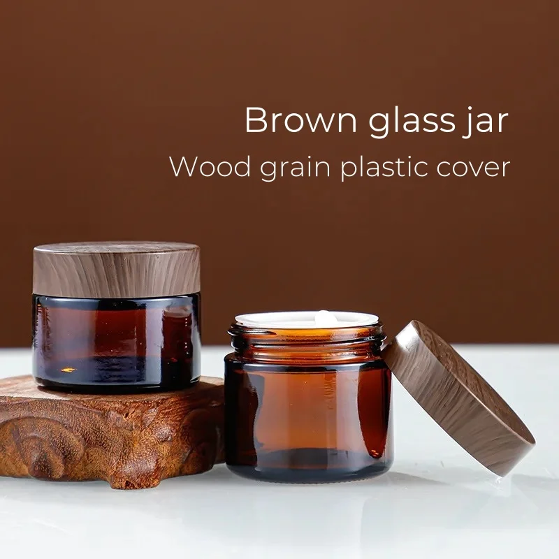 

2pcs 20/30/50g Wooden Pattern Plastic Lid Brown Glass Jar for Lotion Massage Cream Facial Scrub Natural Simple Empty Packaging