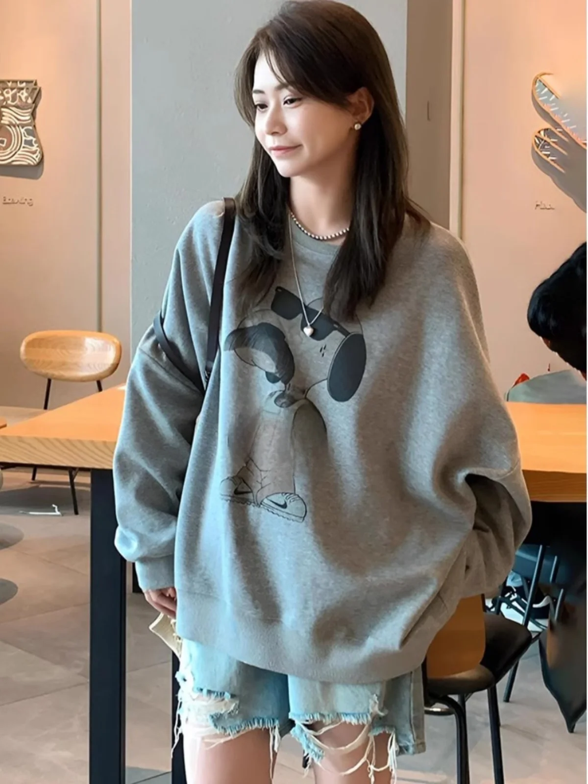 

Свободный свитшот с круглым вырезом для женщин, удлиненный, оверсайз, в корейском стиле, для повседневной носки