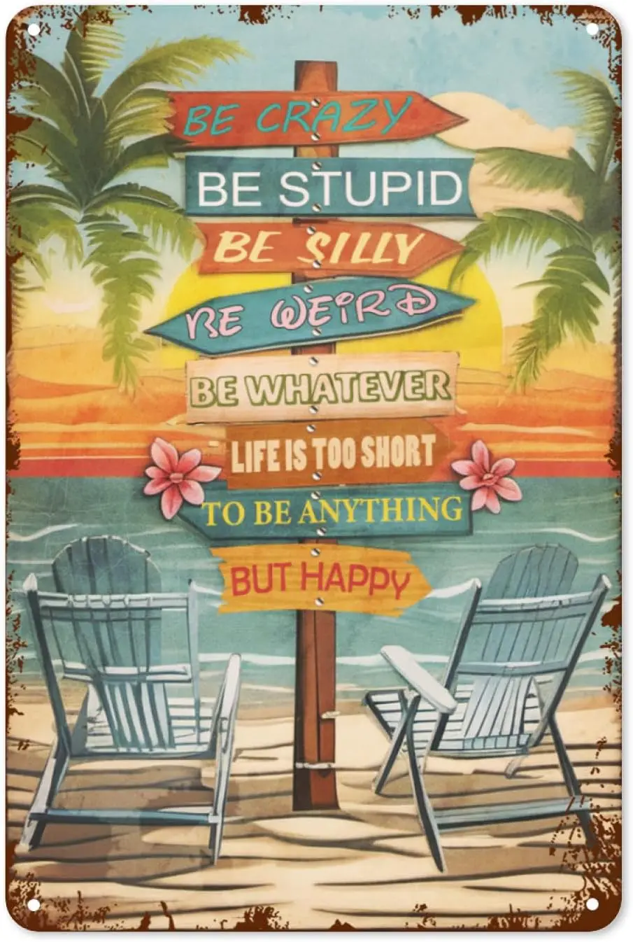 Vintage Beach Metal Tin Sign, Retro Tropical Tree Beach Sunset Metal Signs for Home Bar Wall Beachy Decor,