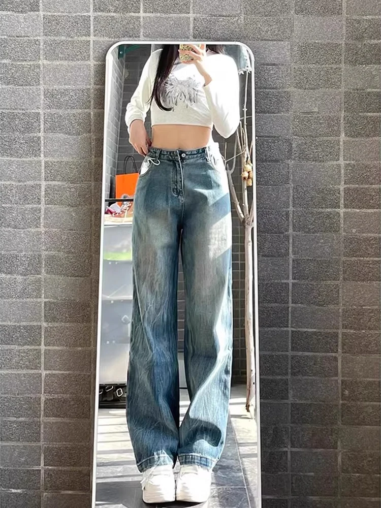 

Tall Men's Extended Length Straight Leg Jeans Bamboo Fiber American Retro Sle High Waist Zipper Closure Youth Trend Wear